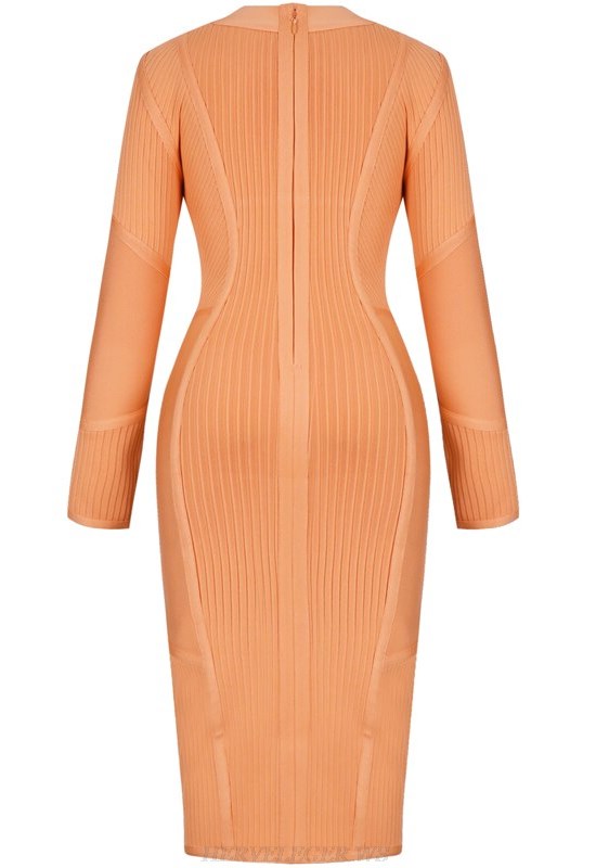 Herve Leger Peach Long Sleeve Ribbed Detail Bandage Dress