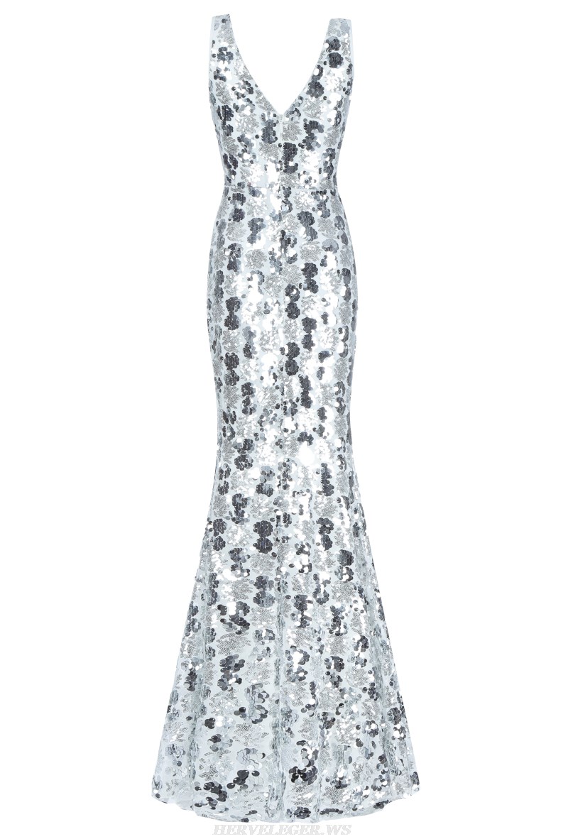 Herve Leger Silver Sequin Mermaid Formal Dress