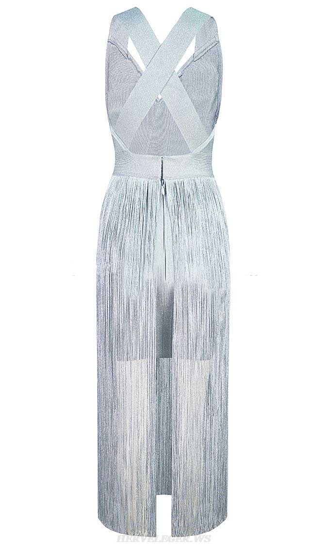 Herve Leger Arctic Silver Cross Back Tassel Dress