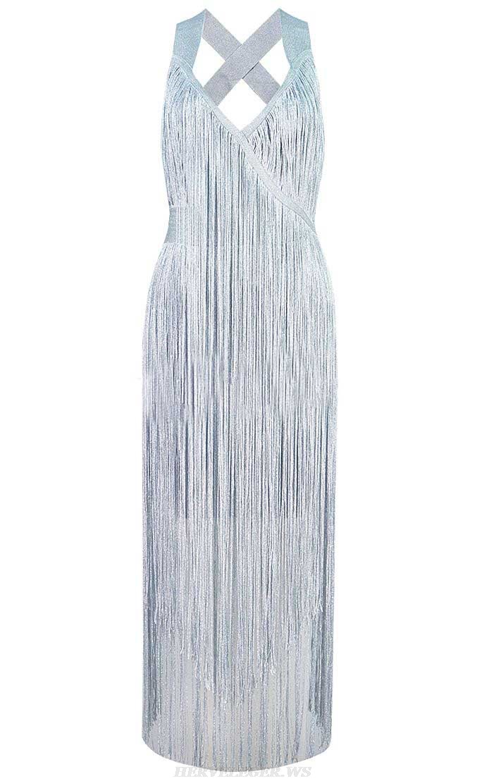 Herve Leger Arctic Silver Cross Back Tassel Dress