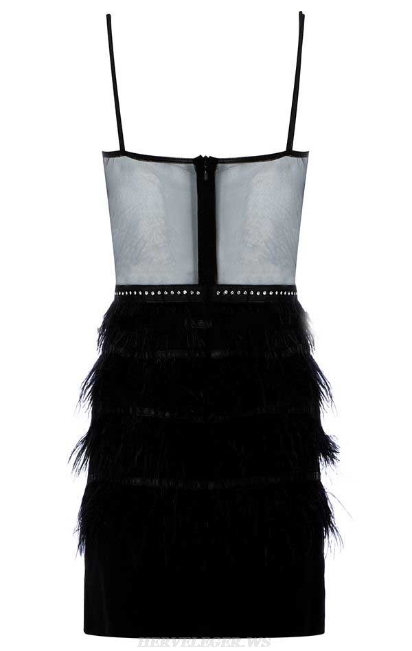 Herve Leger Black Lace Bustier Mesh Feather Dress