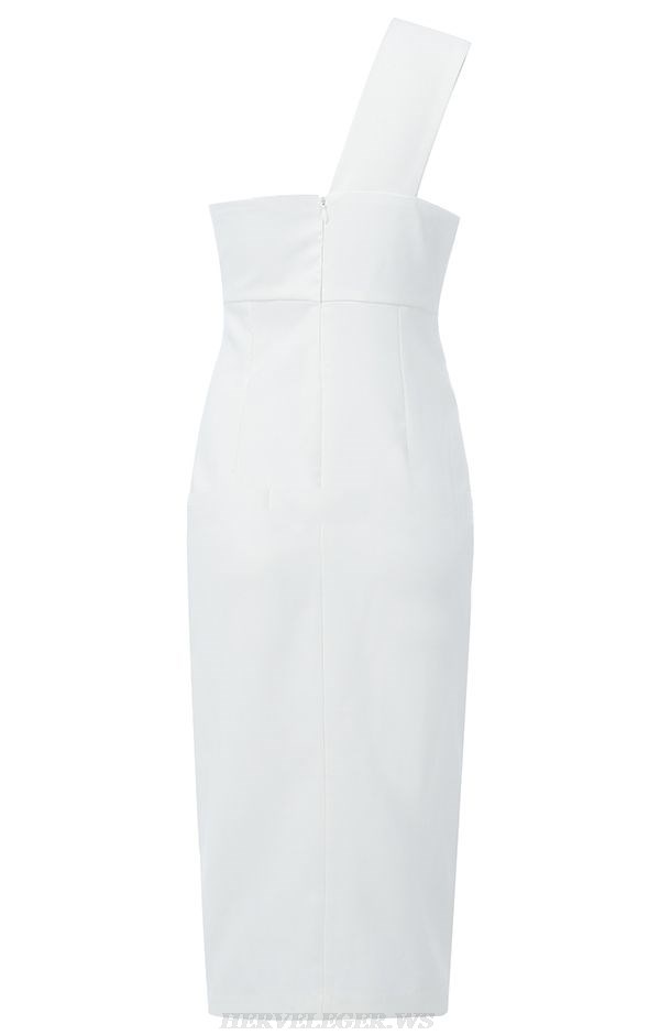 Herve Leger White One Shoulder Button Detail Dress