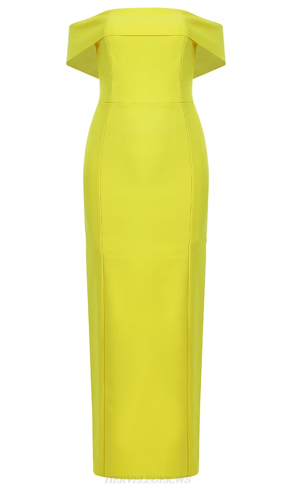 Herve Leger Yellow Straples Bardot Gown 