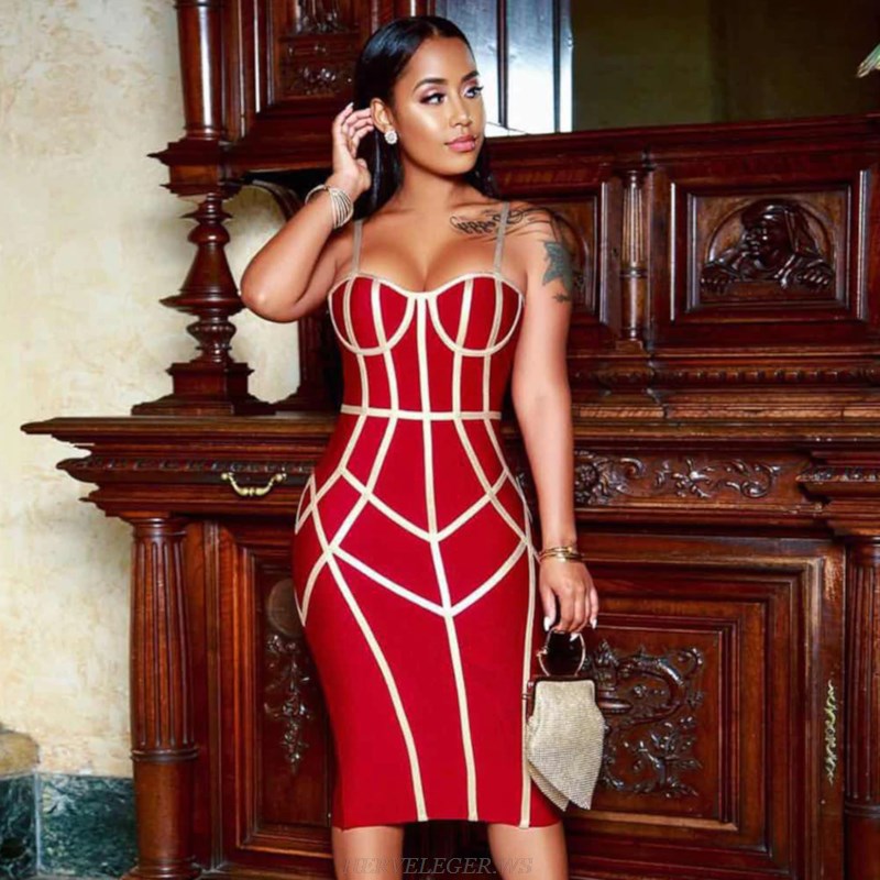 Herve Leger Red Nude Contrast Bustier Dress