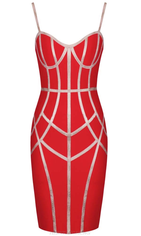 Herve Leger Red Nude Contrast Bustier Dress