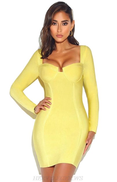 Herve Leger Yellow Long Sleeve Bustier Dress