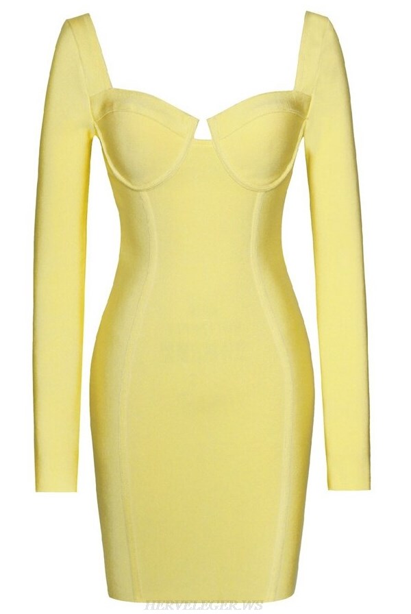 Herve Leger Yellow Long Sleeve Bustier Dress