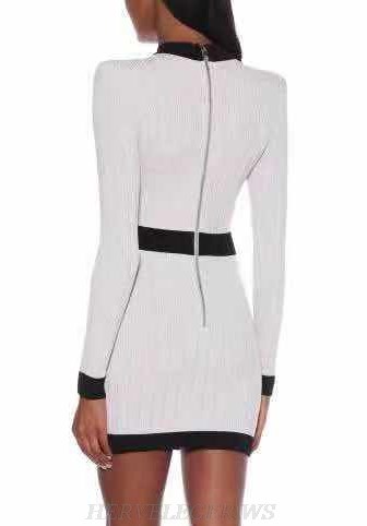 Herve Leger White Black Long Sleeve Button Dress