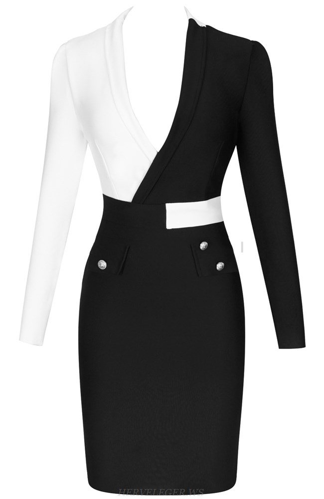 Herve Leger Black And White Long Sleeve Dress