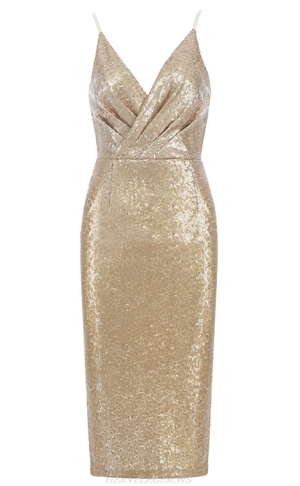 Herve Leger Gold Sequin Draped Backless Stars Dress