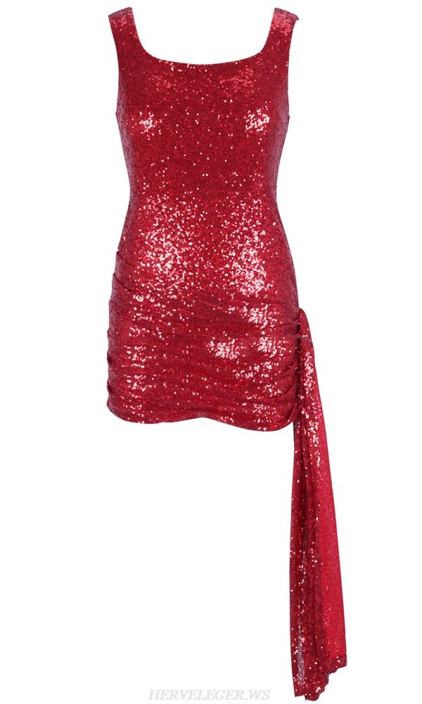 Herve Leger Red Sequin Ruched Mini Stars Dress