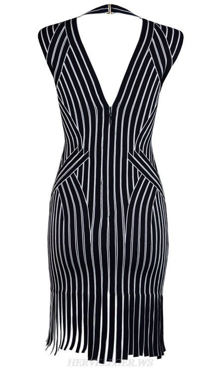 Herve Leger Black White Striped Fringe Bandage Dress