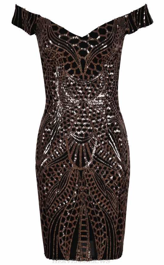 Herve Leger Bronze Bardot Sequin Stars Dress