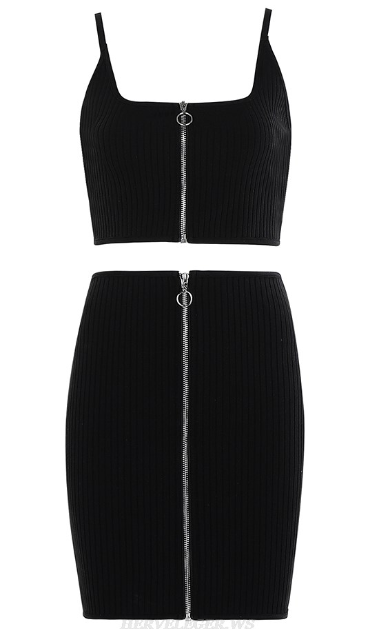 Herve Leger Black Ribbed Front Zipper Two Piece Bandage Dress