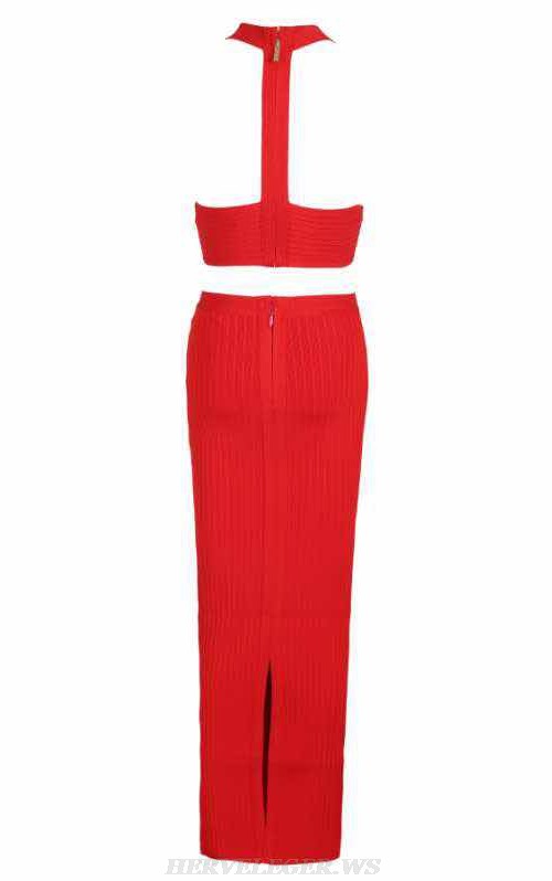 Herve Leger Red Ribbed Two Piece Gown 