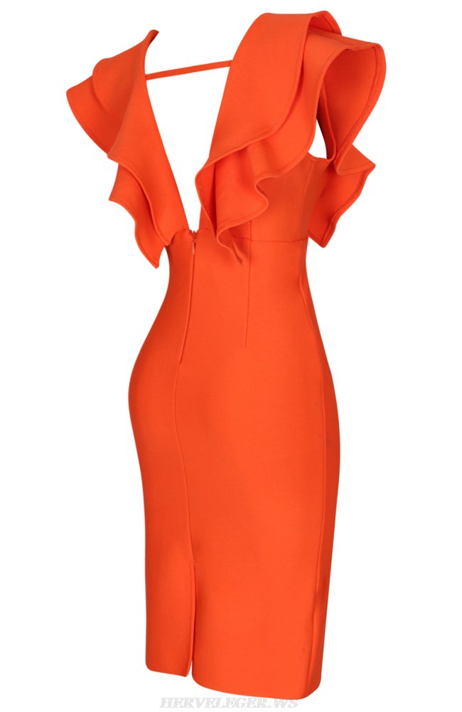 Herve Leger Orange Frill Plunge V Neck Dress