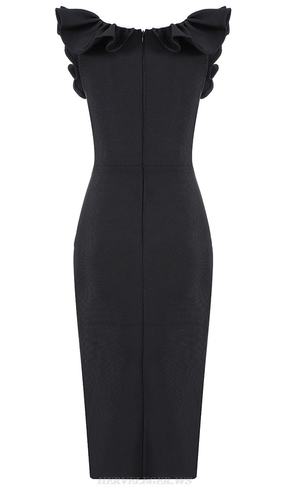 Herve Leger Black Frill Slit Dress