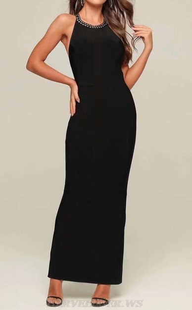 Herve Leger Black Halter Studded Gown