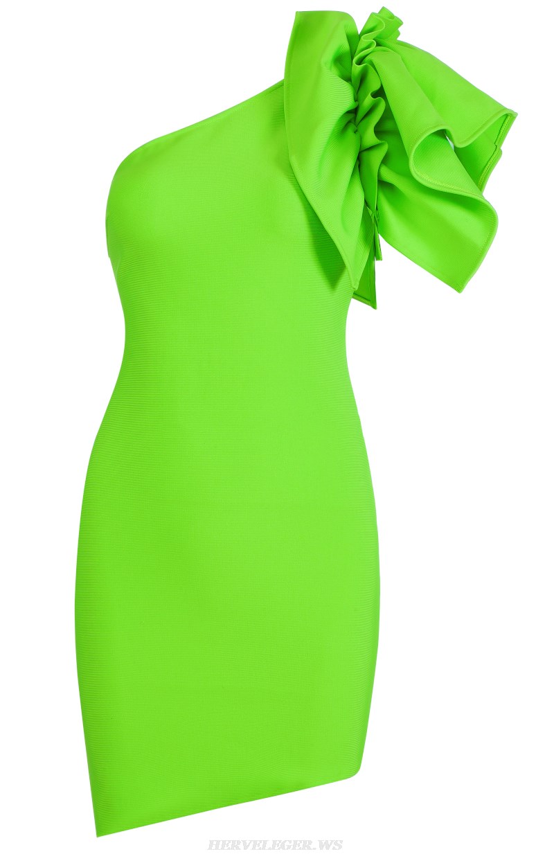 Herve Leger Green One Sleeve Frill Dress