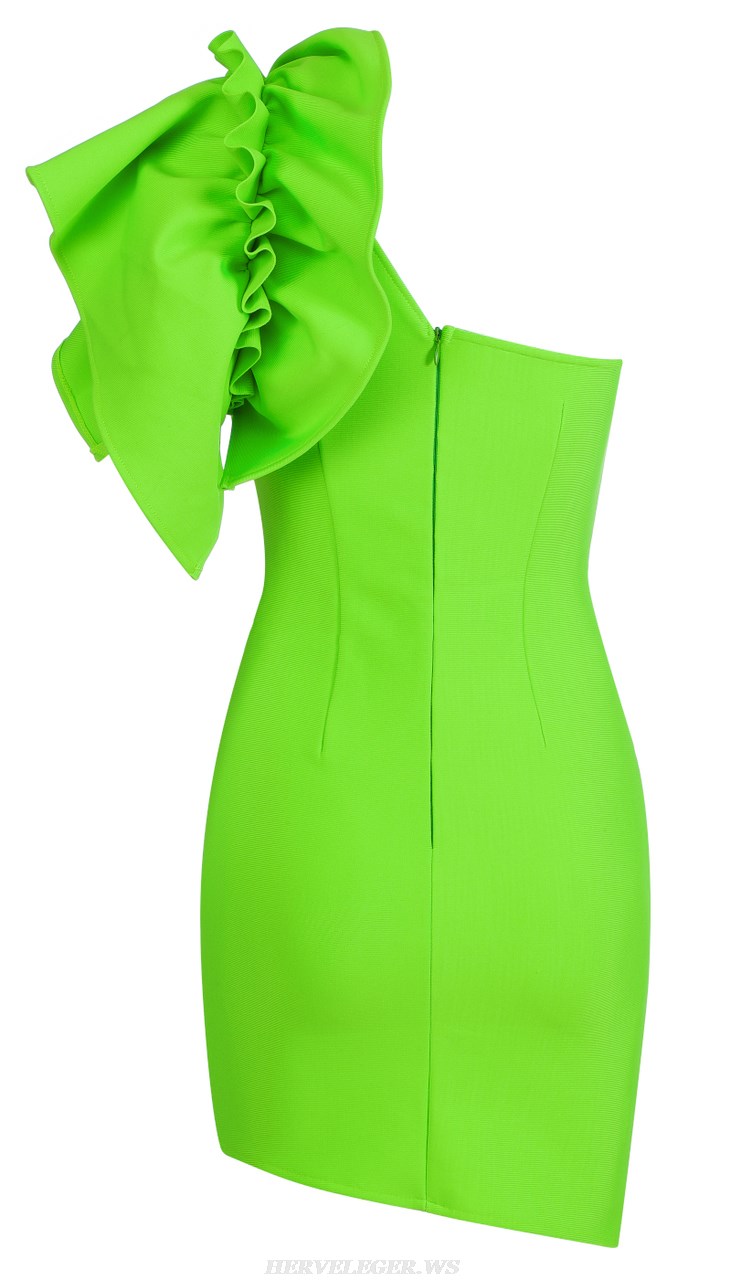 Herve Leger Green One Sleeve Frill Dress