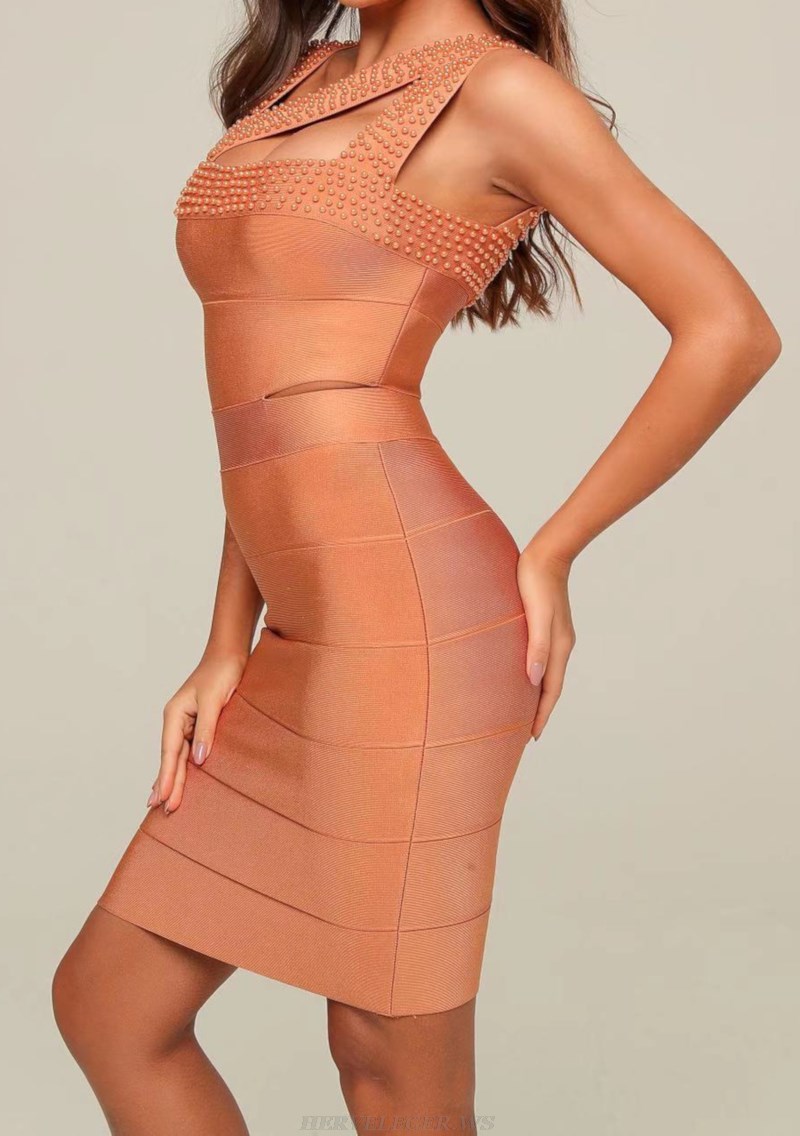 Herve Leger Sand Pearl Detail Dress