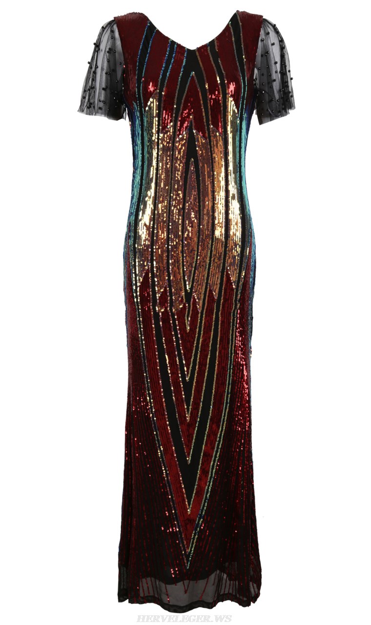 Herve Leger Red Gold Short Sleeve Sequin Gown