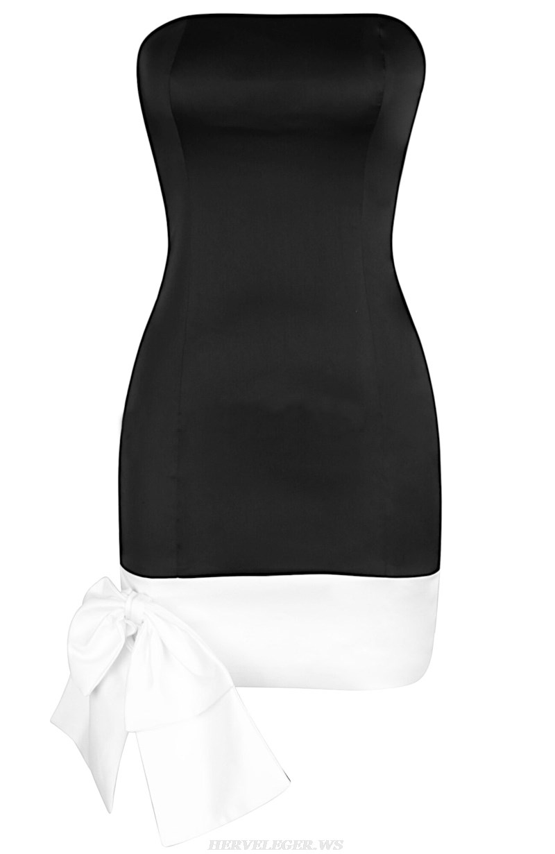 Herve Leger Black White Strapless Bow Satined Dress