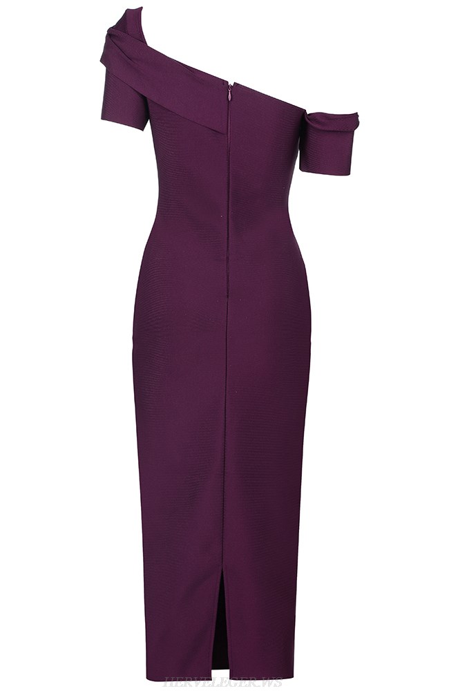 Herve Leger Plum Asymmetric Bardot Dress