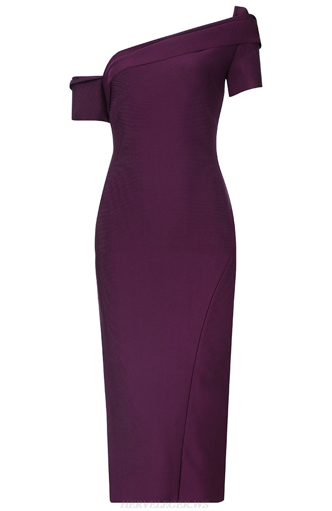 Herve Leger Plum Asymmetric Bardot Dress