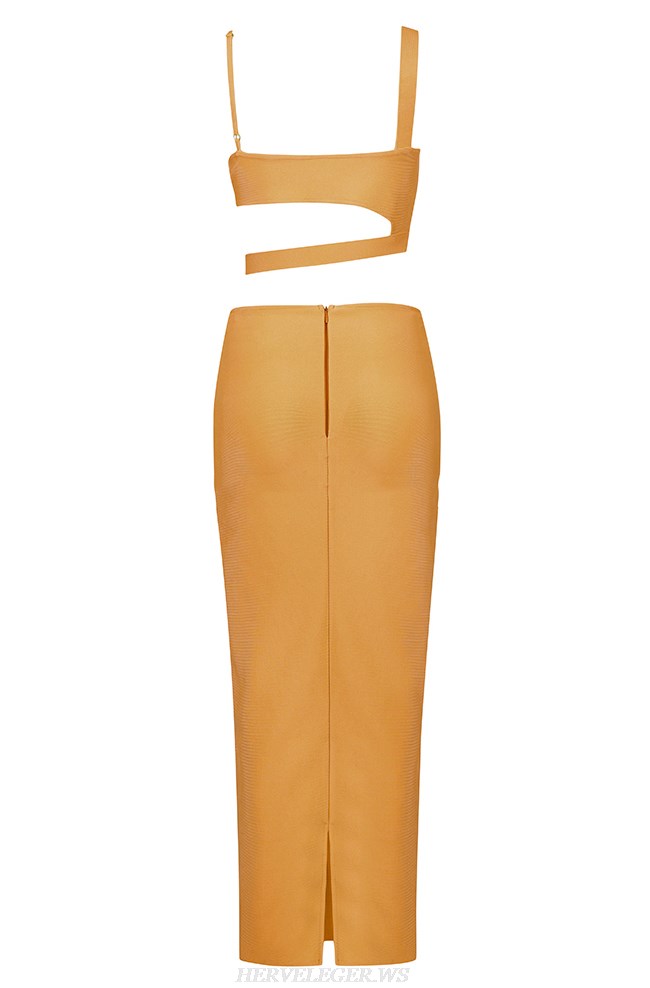 Herve Leger Mustard Asymmetric Two Piece Dress