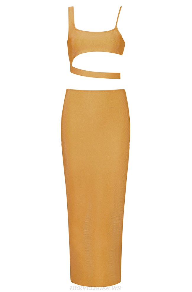 Herve Leger Mustard Asymmetric Two Piece Dress