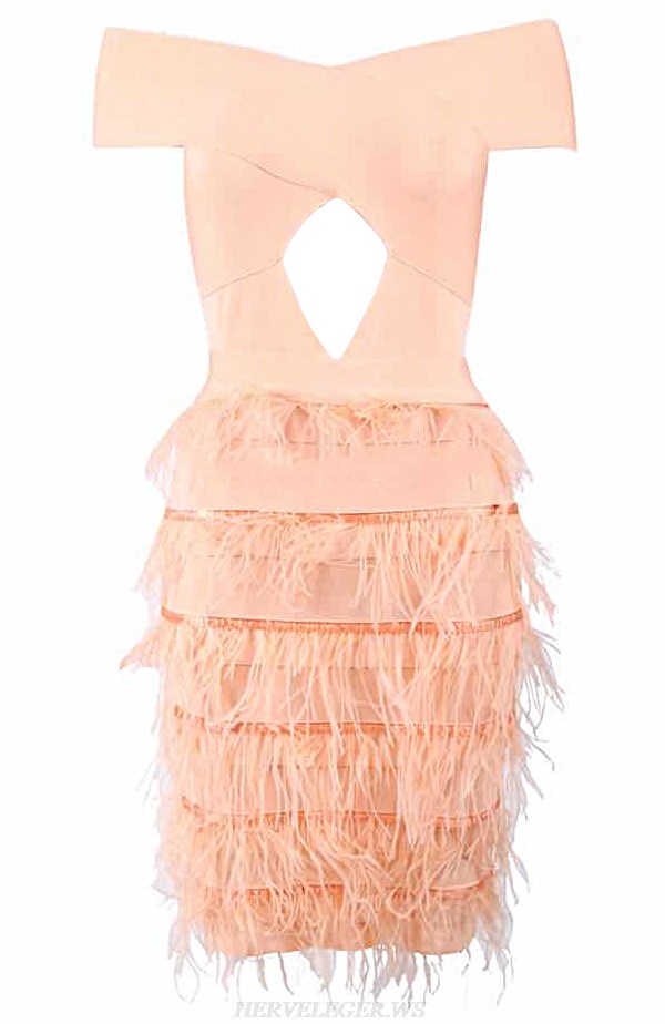 Herve Leger Salmon Bardot Feather Dress