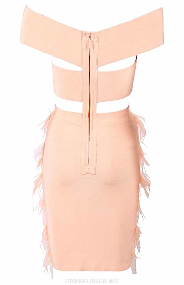 Herve Leger Salmon Bardot Feather Dress