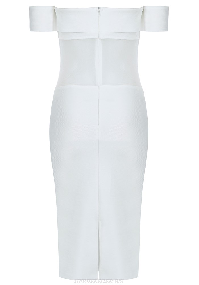 Herve Leger White Bardot Structured Mesh Dress