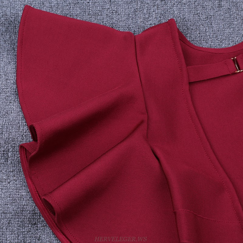 Herve Leger Burgundy Frill Sleeve Dress