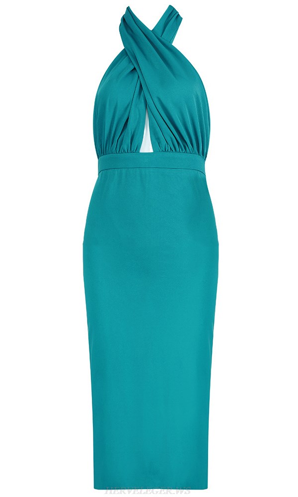 Herve Leger Turquoise Halter Cross Over Dress