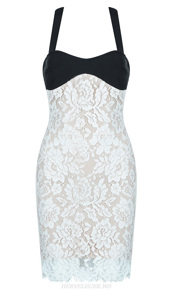 Herve Leger Black White Halter Lace Dress