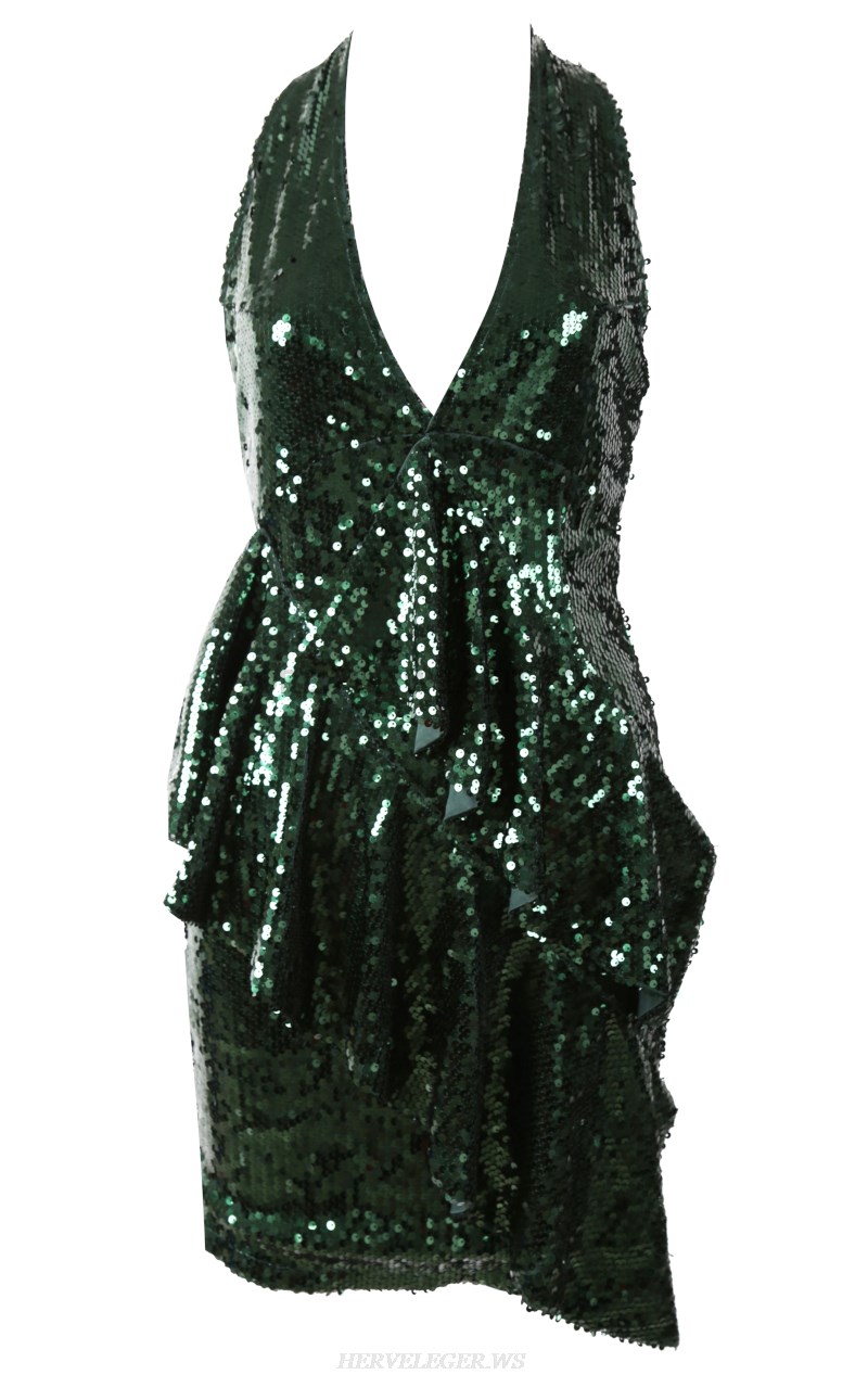 Herve Leger Green Halter Sequin Frill Dress