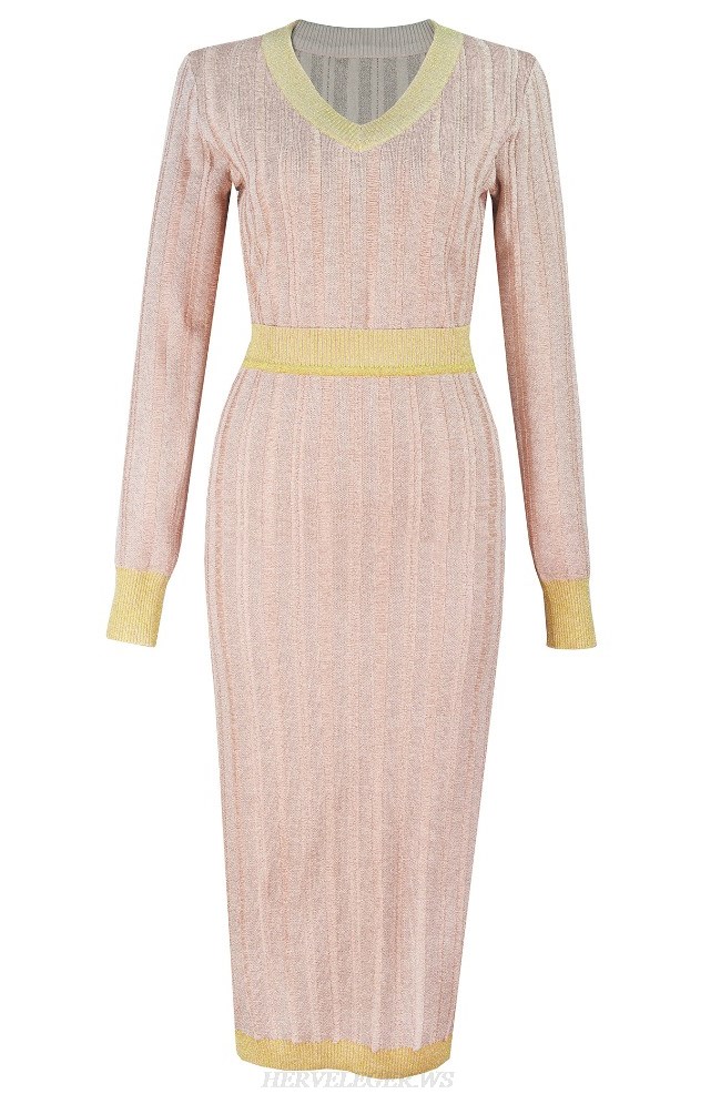 Herve Leger Nude Pink Long Sleeve Two Piece Dress