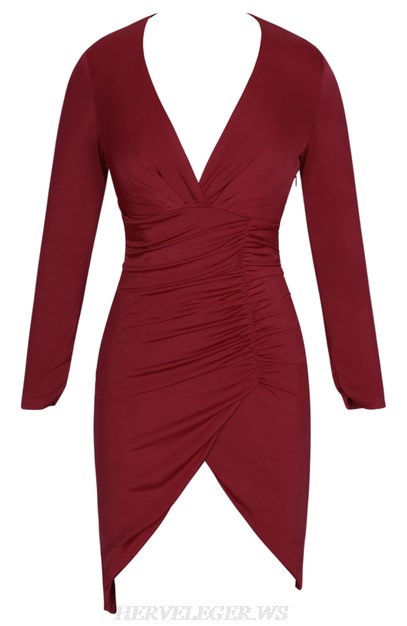 Herve Leger Burgundy Long Sleeve Ruched Dress