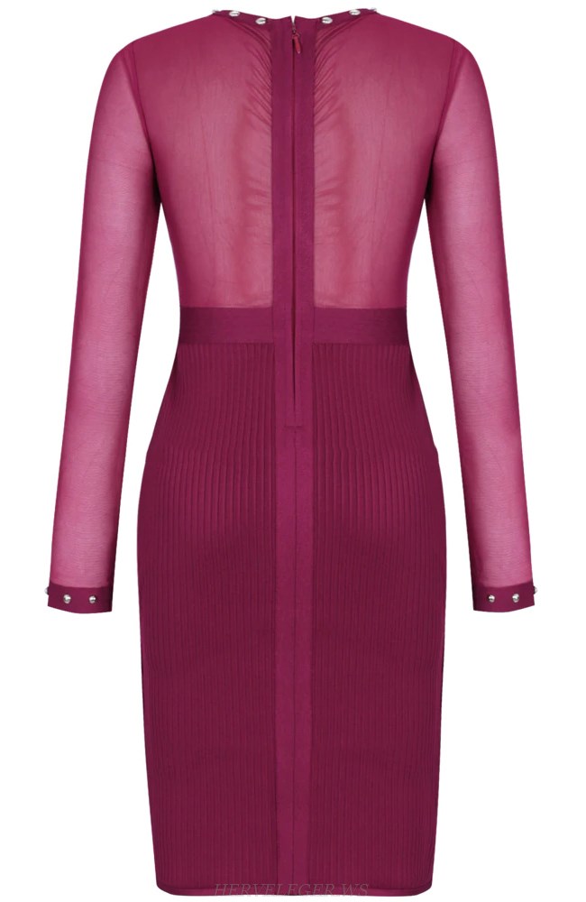 Herve Leger Magenta Long Sleeve Studded Mesh Dress