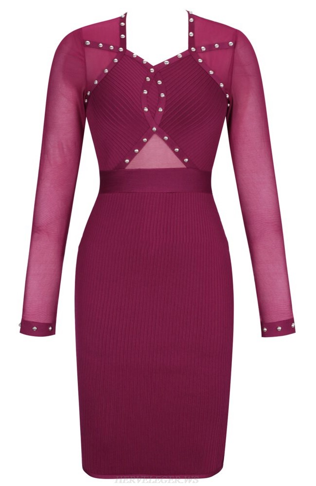 Herve Leger Magenta Long Sleeve Studded Mesh Dress