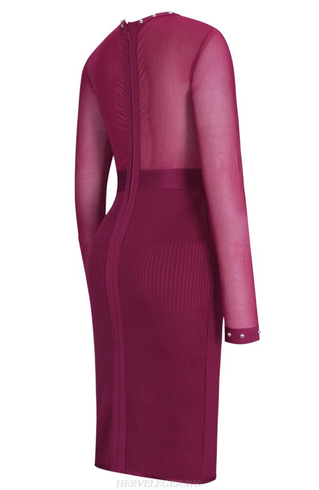 Herve Leger Magenta Long Sleeve Studded Mesh Dress