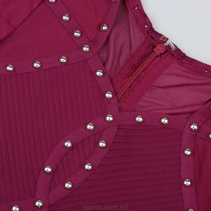 Herve Leger Magenta Long Sleeve Studded Mesh Dress