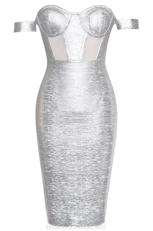 Herve Leger Silver Bardot Woodgrain Foil Print Dress