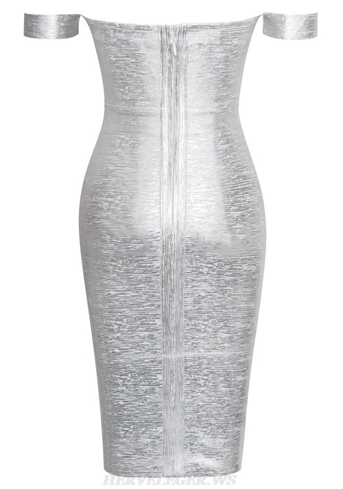 Herve Leger Silver Bardot Woodgrain Foil Print Dress