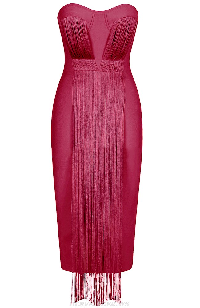 Herve Leger Burgundy Bustier Bandeau Tassel Dress