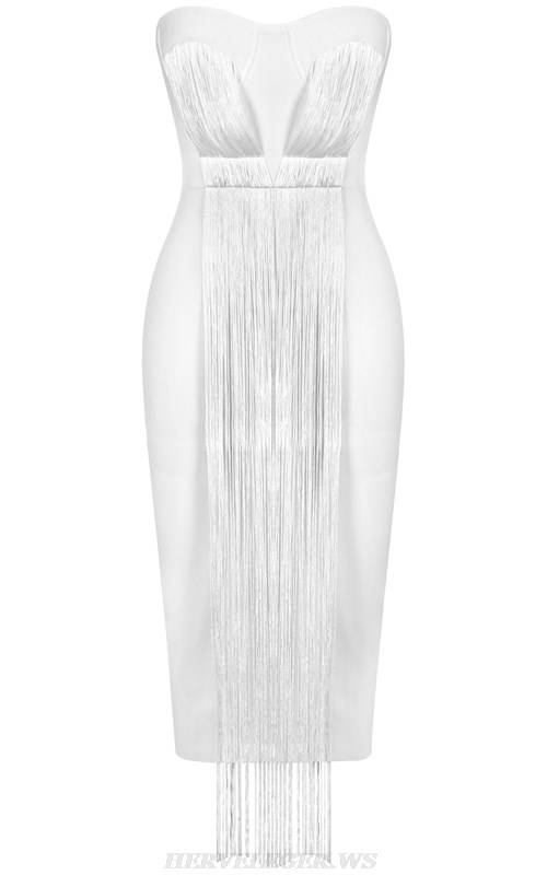 Herve Leger White Bustier Bandeau Tassel Dress