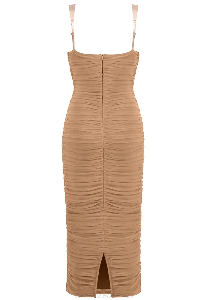 Herve Leger Brown Cross Over Ruched Dress