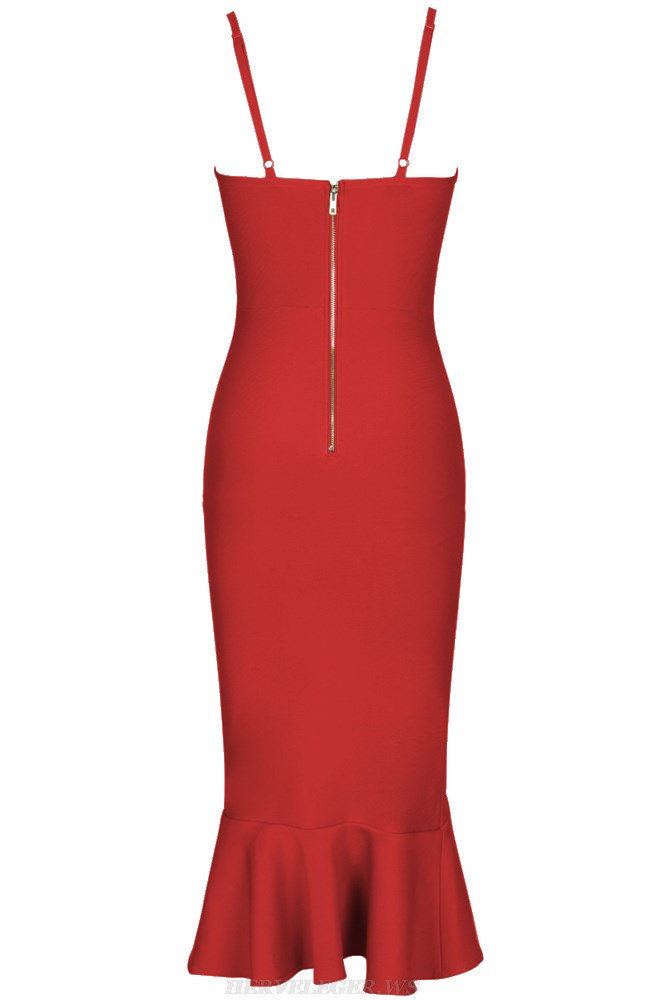 Herve Leger Red Frill Detail Fluted Dress